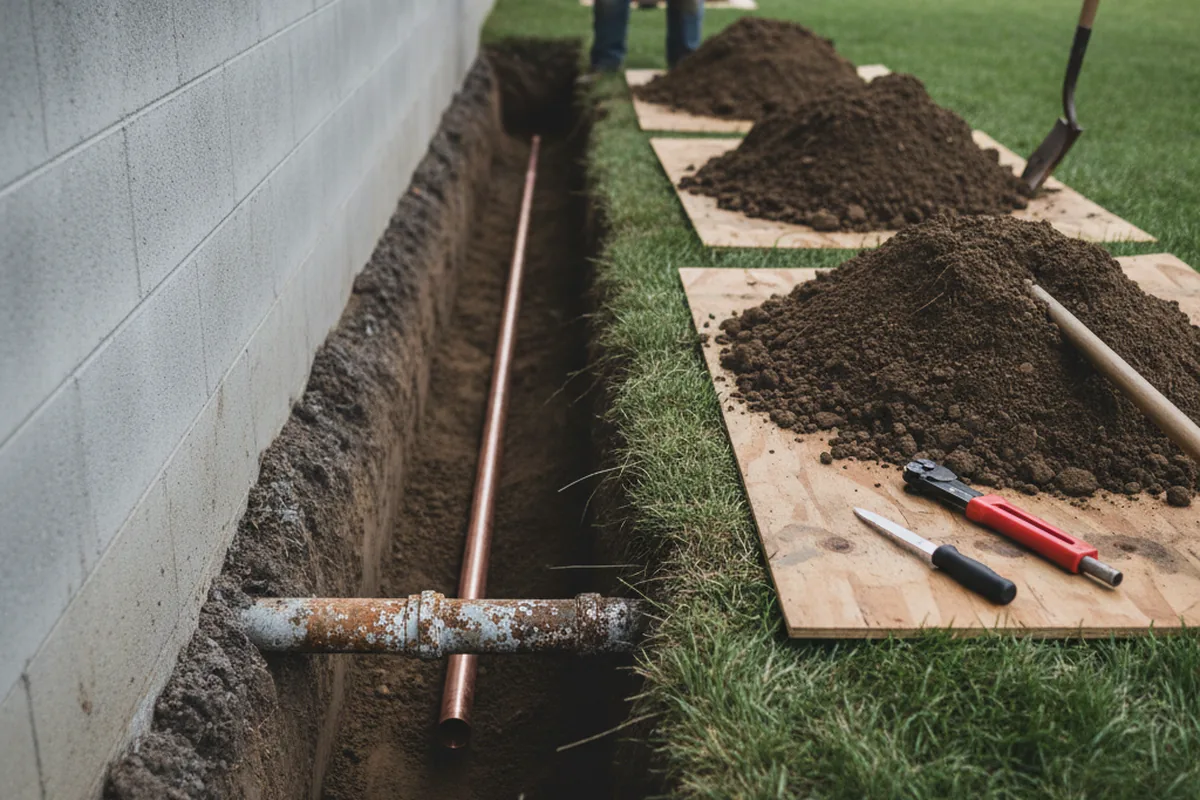 Excavated water line trench during Sewer Line Repair in Hatboro